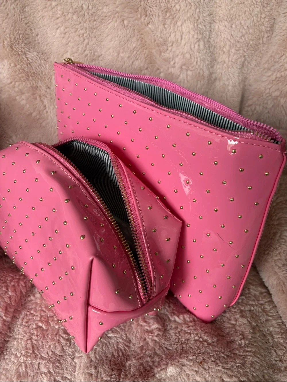 Thalia Sodi Hot Pink Patent Studded Cosmetic Bag Duo